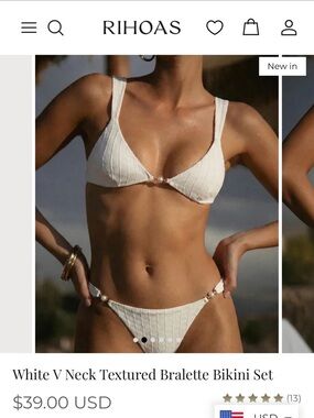RIHOAS White V-Neck Textured Bralette Bikini Set Small NWT